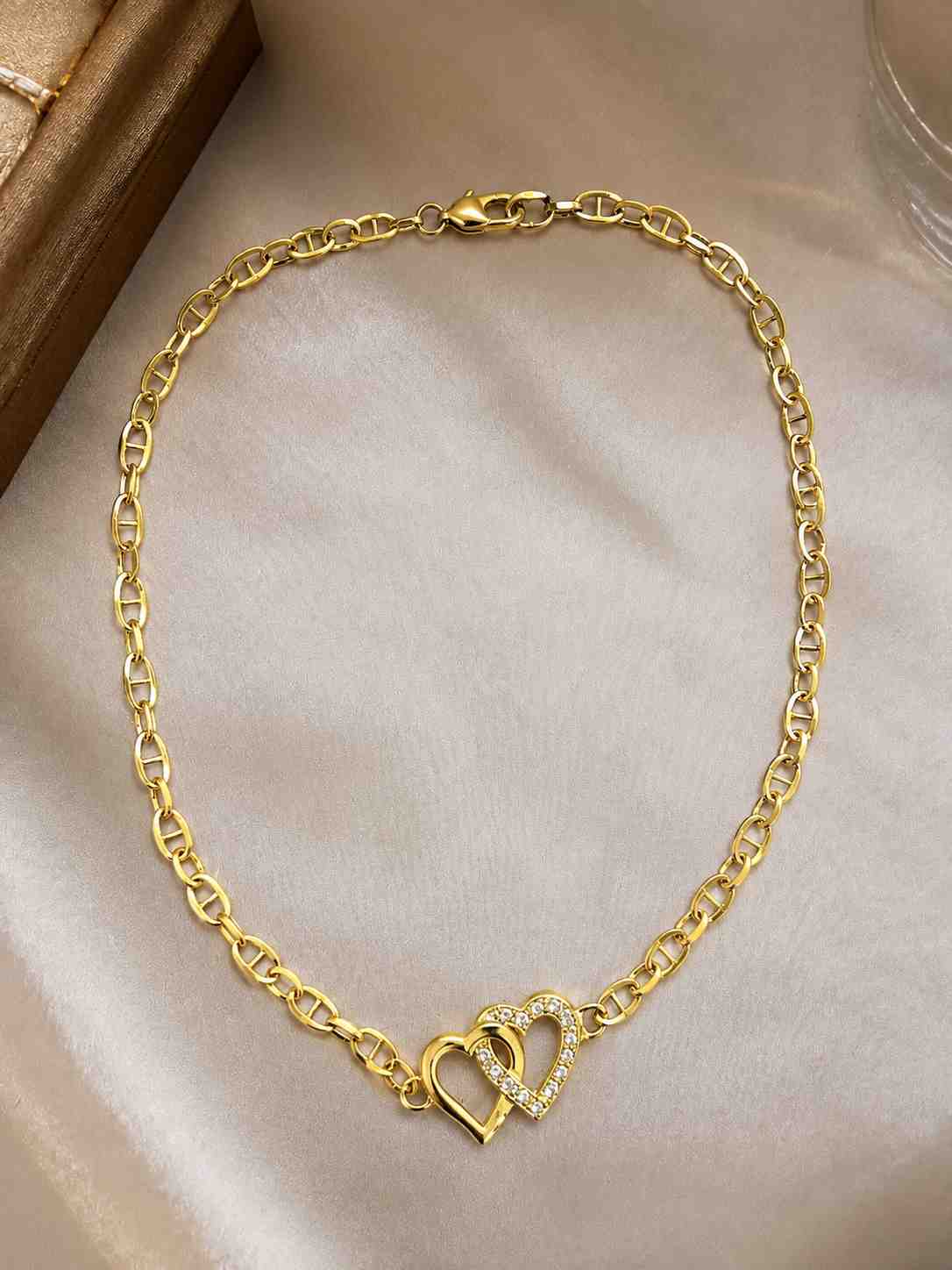 Gold  Double-Heart Dimaond Anklet