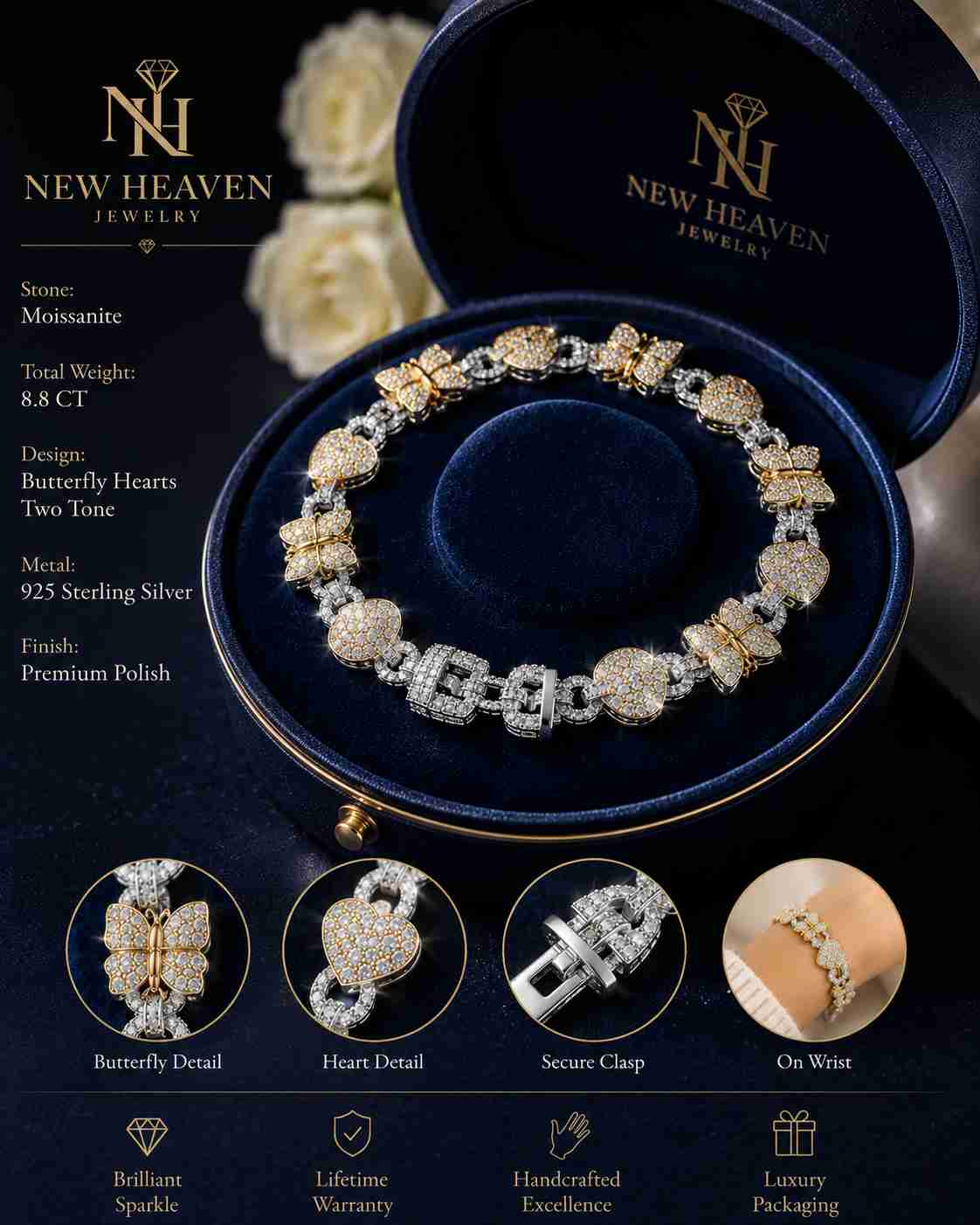 Butterfly & Heart Mossanite Bracelet - Image Main
