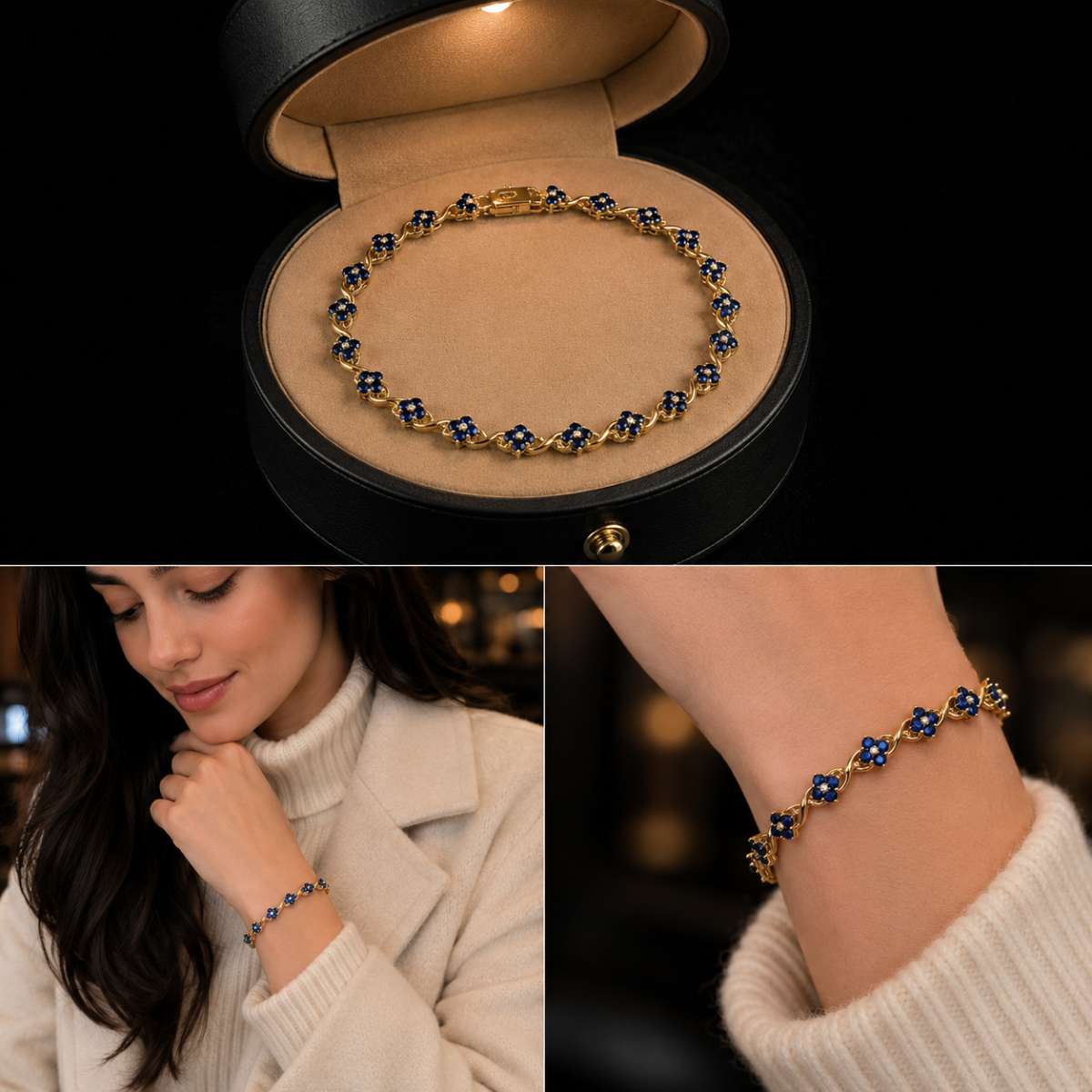 Blue Sapphire and Diamond 14K Gold Tennis Bracelet - Image 2