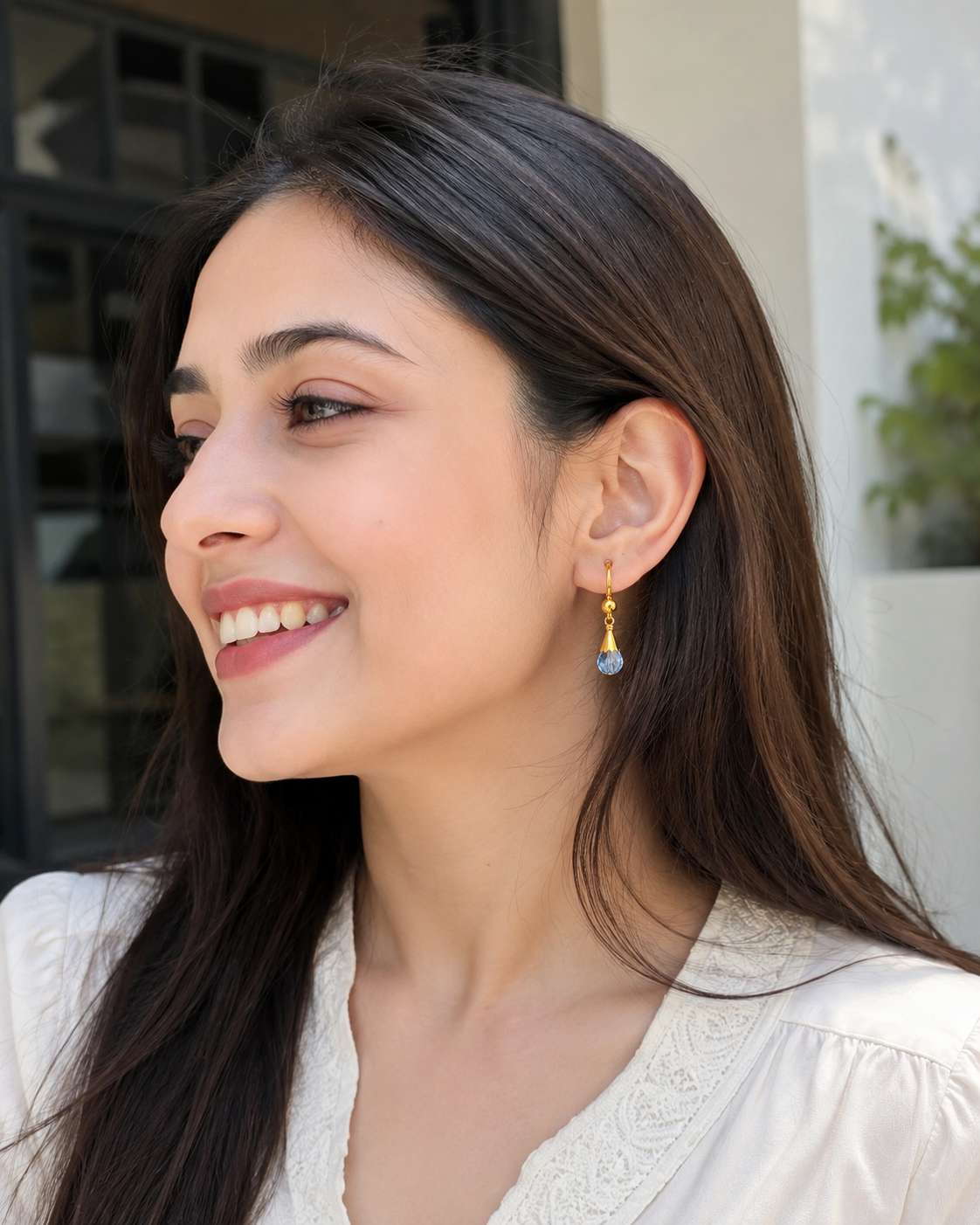 Gold Tear Crystal Leverback Earrings - Image 2