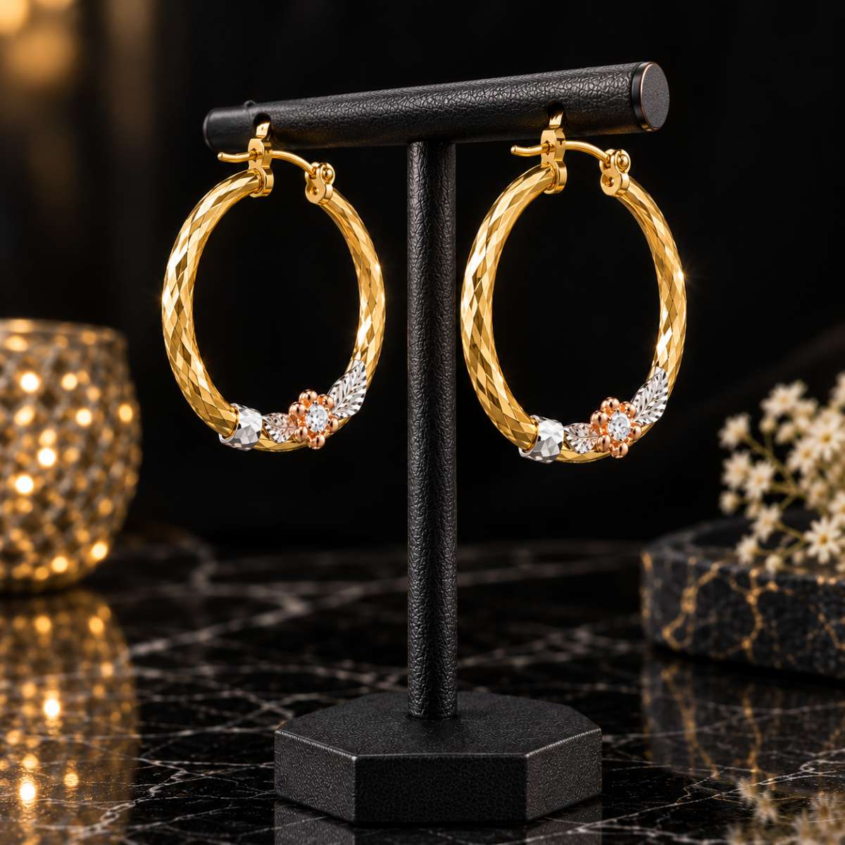 Gold 14K Hoop Flower Earrings - Image Main