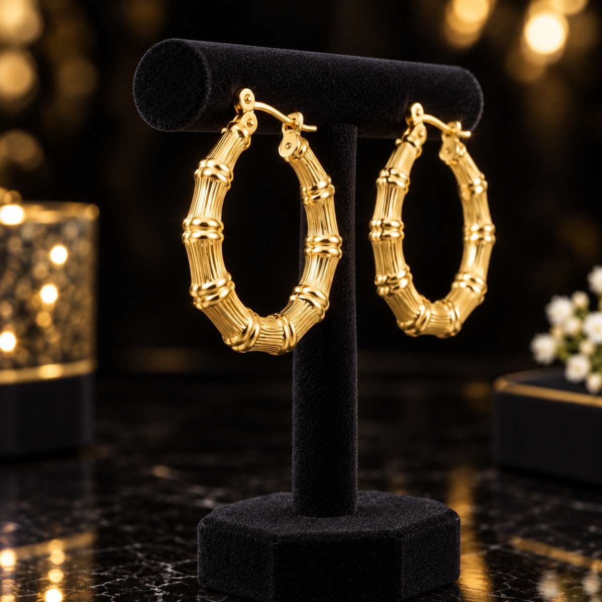 Gold 14K Bamboo Hoop Earrings - Image Main