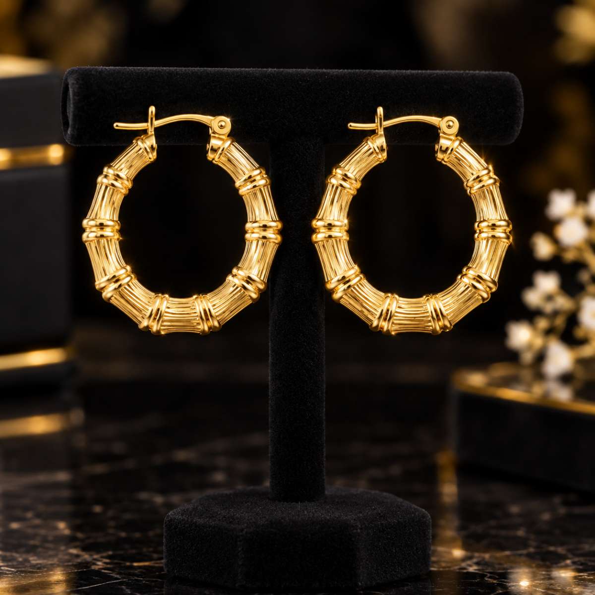 Gold 14K Bamboo Hoop Earrings - Image 3